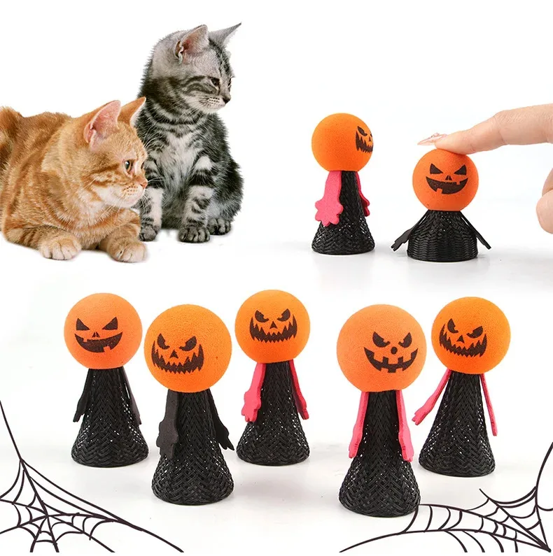 20PCS Halloween Jumping Doll Cat Toys Cute Cat Toy Pet Bounce Elf Pumpkin Head Spring Man Doll Kitten Toy Puppy Gift Party Favor