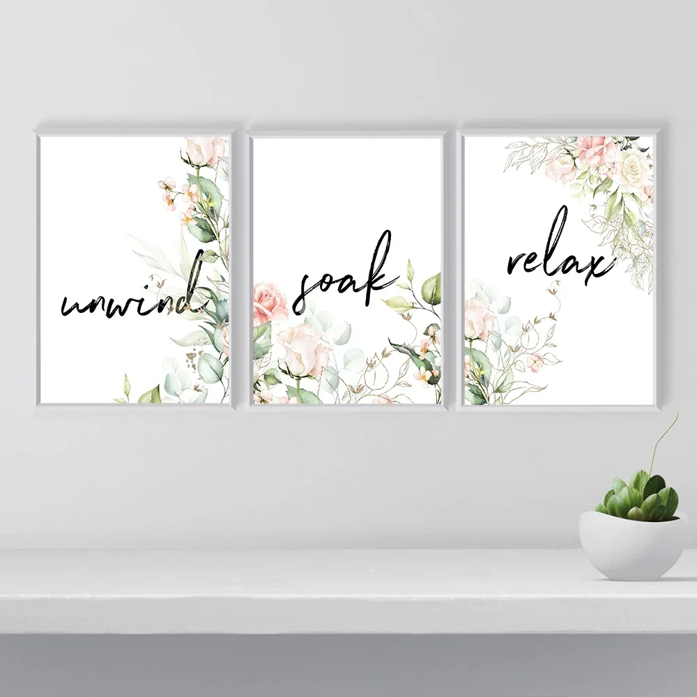 1pc frameless Canvas Painting Simple Bathroom Quote With Flower Leaf Canvas Painting Print Relax Soak Unwind Letter Poster Wall