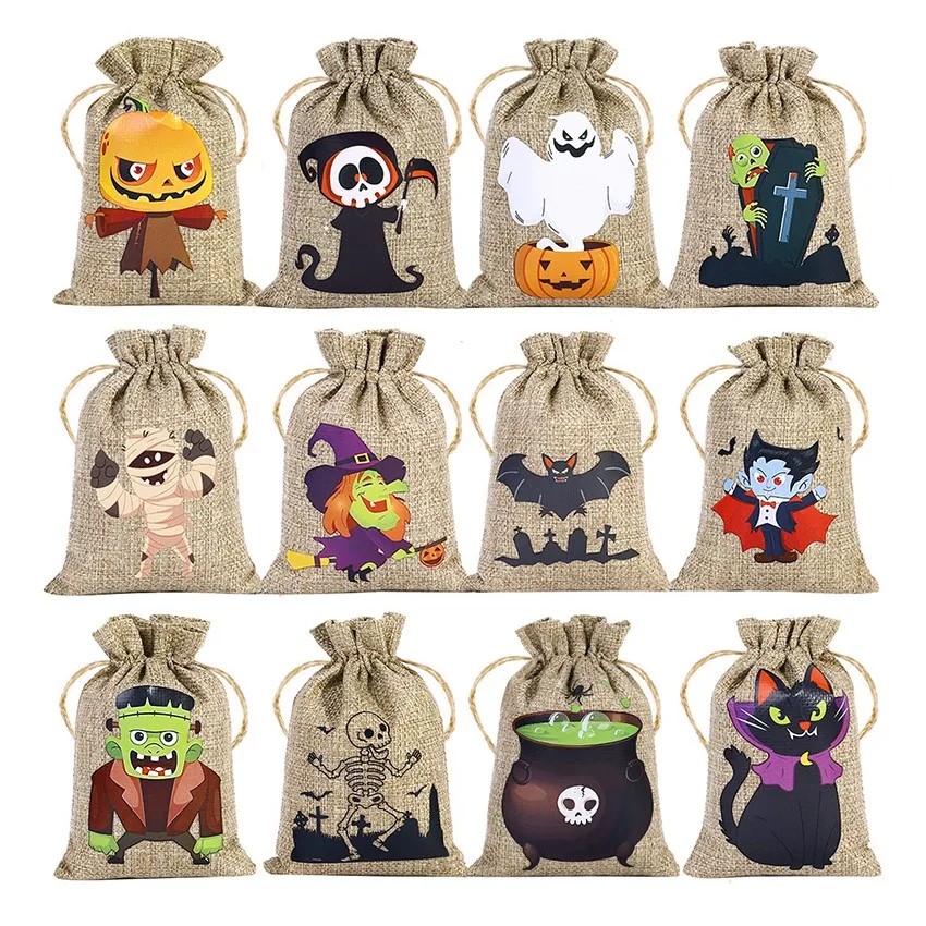 4pcs/8pcs/12pcs Halloween Linen Bun Storage Bag Halloween Pattern Candy Gift Packaging Bag Linen Drawstring Bag