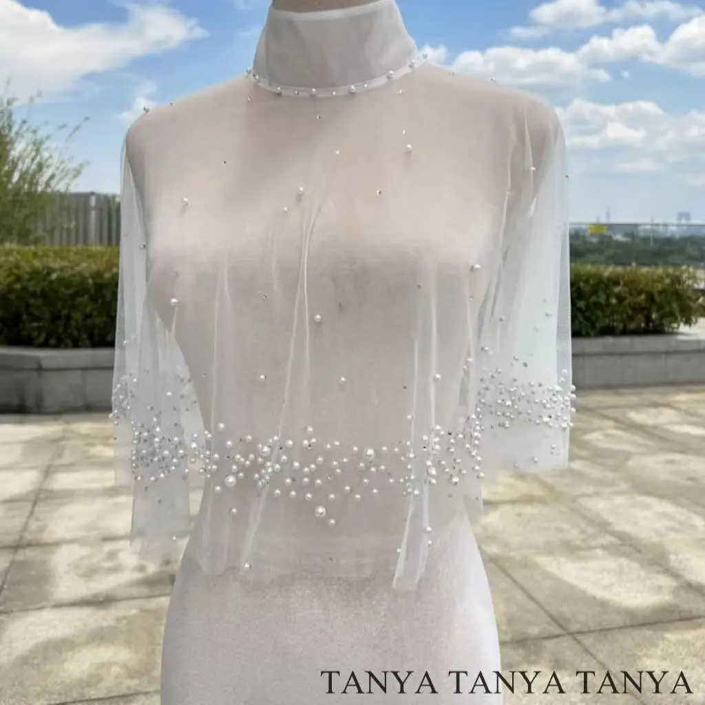

Delicate Beaded Bridal Dress Shawl Vintage Pearls Wedding Coat Elegant High Collar Cape Charming Wedding Accessories SWD715