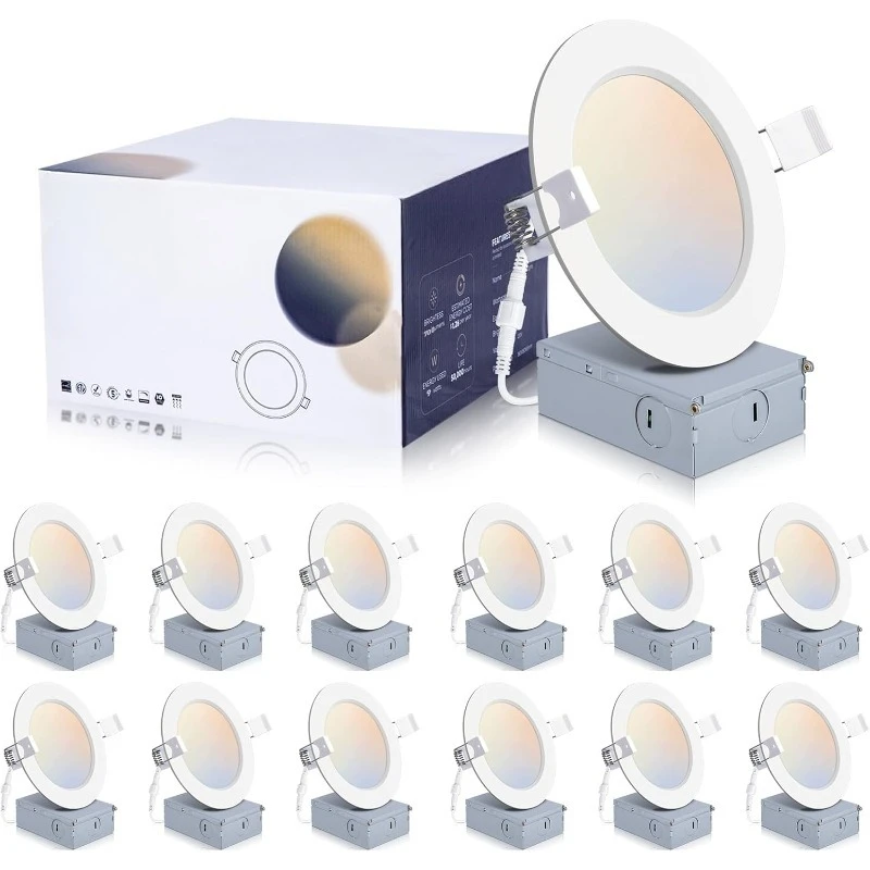 

Комплект из 12 4-дюймовых ультратонких встраиваемых потолочных светильников со распределительной коробкой, 5CCT с регулируемой яркостью 2700K/3000K/4000K/5000K/6000K,