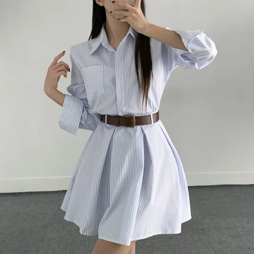 Blue Vintage Striped Shirt Pleated Short Dress Women Clothes Spring Summer Polo Neck Long Sleeve Elegant Office Mini Dresses