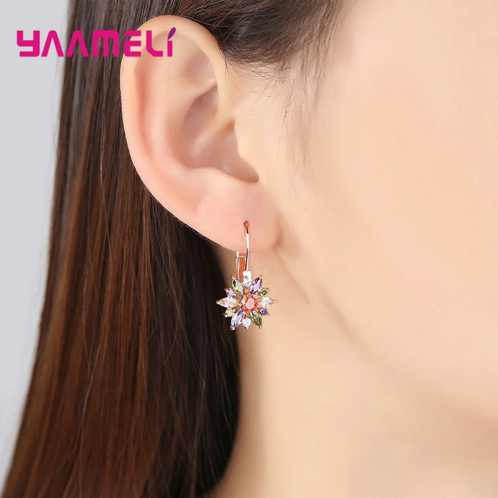 Trendy Colorful Crystal Leaves Inlaid Rhinestone Flower Golden 925 Sterling Silver Drop Earrings For Women Wedding Party Jewelry