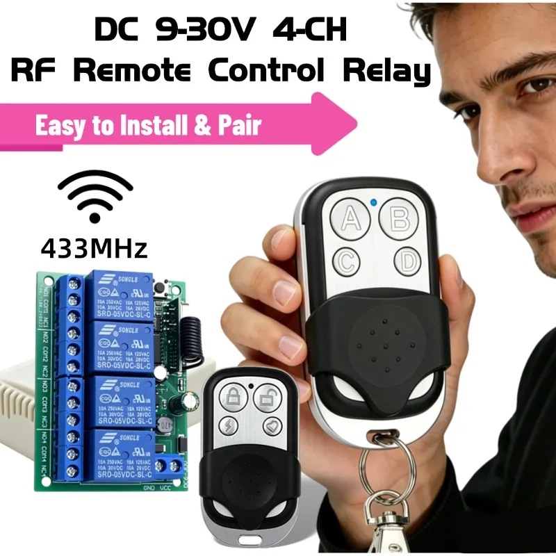 DC6-30V 4 Channel RF Wireless Relay Remote Control Switch 433MHz Motor Forward Reverse Controller For DC Motor Garage Door