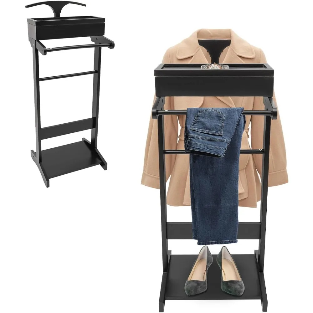 

Wood Mens Valet Stand with Top Tray, Drawer, Contour Hanger, Trouser Bar, Shoe Rack, Suit Valet Stand Clothes Rack Clothes