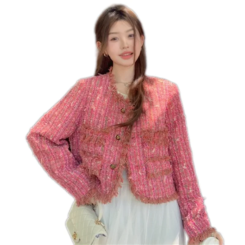 

2024 New Autumn Winter Women Single Breasted Slim Short Jacket High Quality Fashion Tassel Edge Colorful Weave Tweed Jacket