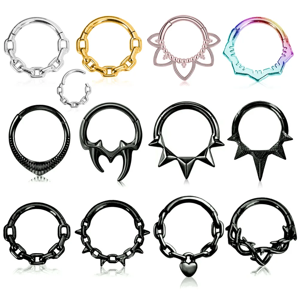 Tusk Flower Heart Waterdrop Moon Branch Chain Septum Piercing Daith Conch Hoop Earring Clicker Segment Ring 316 Surgical Steel