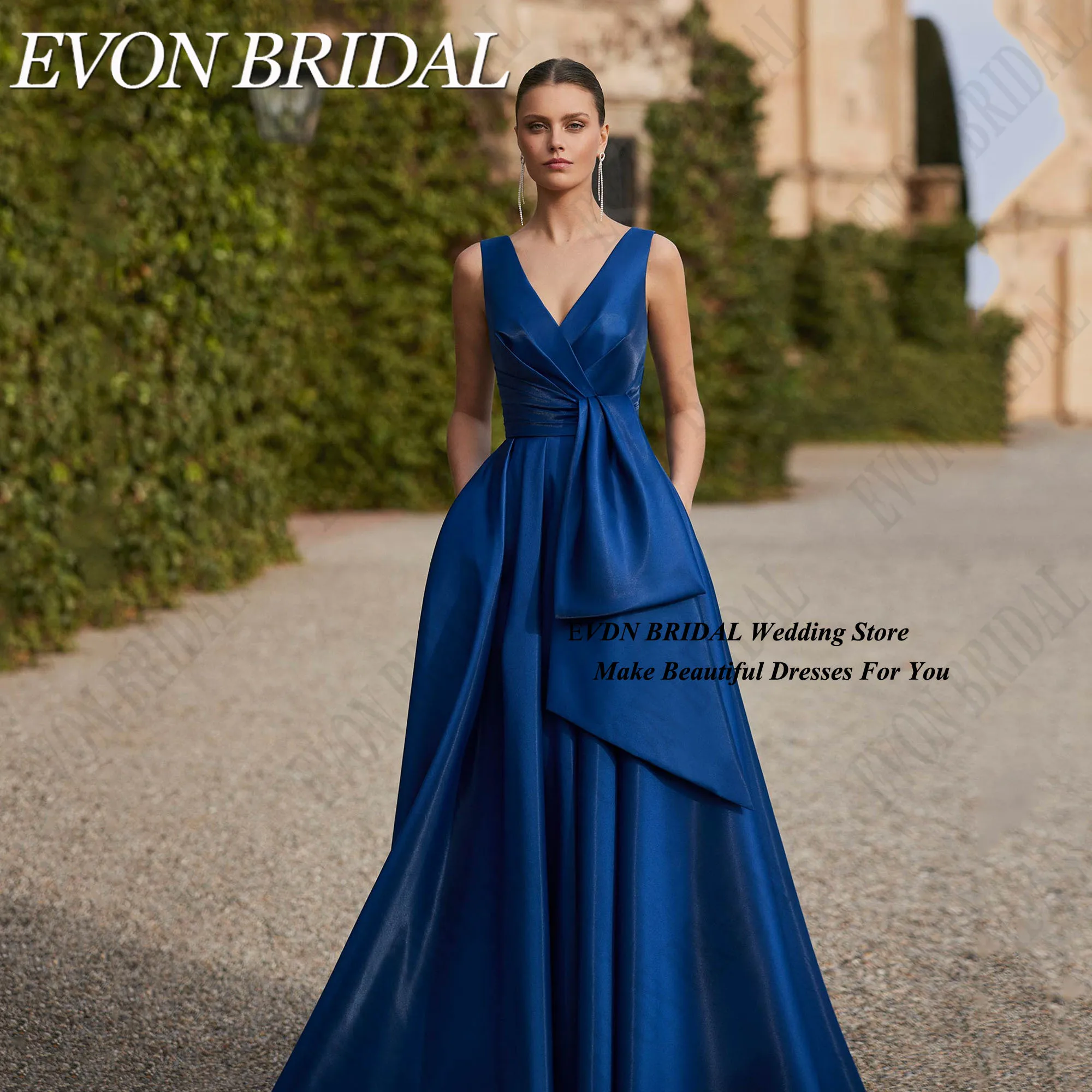 

EVON BRIDAL A-Line Long Evening Dress Women V-Neck Backless Classic Satin Prom Gown Sleeveless Simple robes de soirée Customized