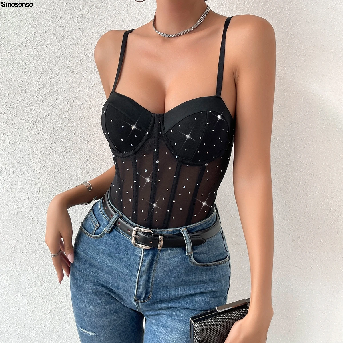 Womens Contrast Mesh Cami Bodysuit Shinny Sequin V-Neck Teddy Bodysuit Y2K Streetwear Going Out Night Club Party Leotards Tops