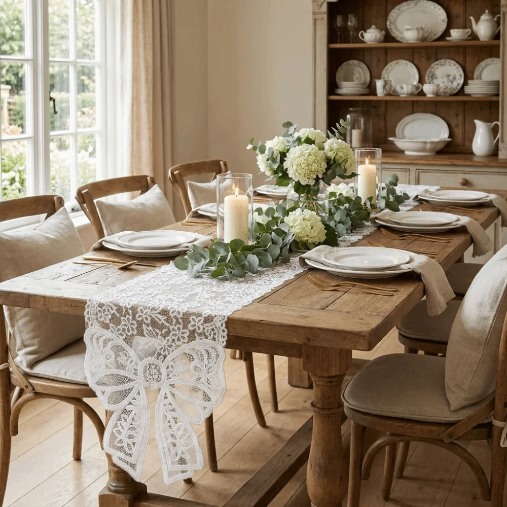 Party Decoration Floral Cut-Out Lace Table Runner Bow Trim Romantic Table Cover Long Strip Vintage Table Flag TV Cabinet