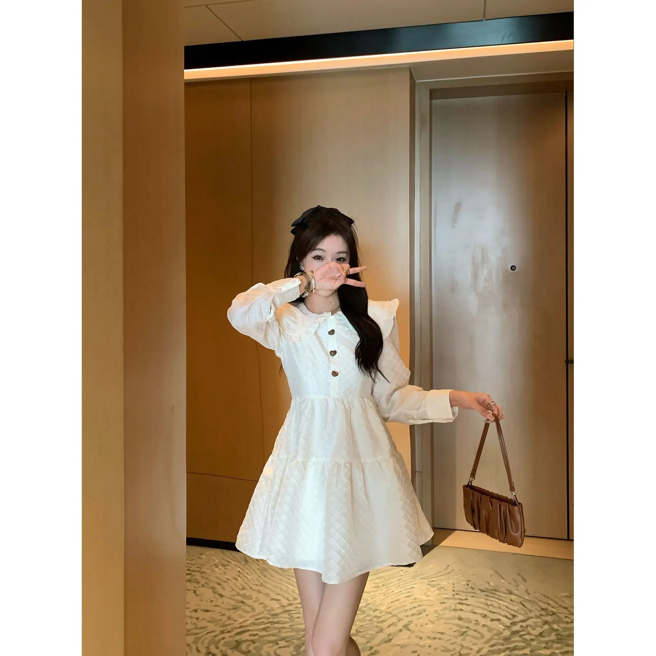 

Waist Cinching Temperament Long Sleeved Dress for Children Spring Autumn French Style New Collar Design Niche and Unique