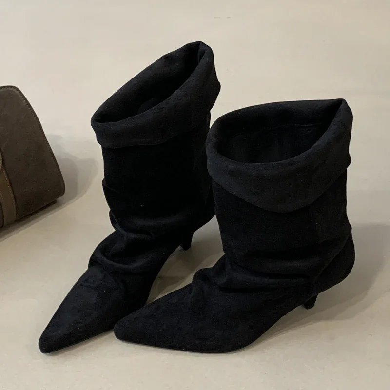 

2025 Новые винтажные ботильоны с перевернутым краем, женские дизайнерские осенне-зимние туфли с острым носком на тонком низком каблуке, Zapatos De Mujer