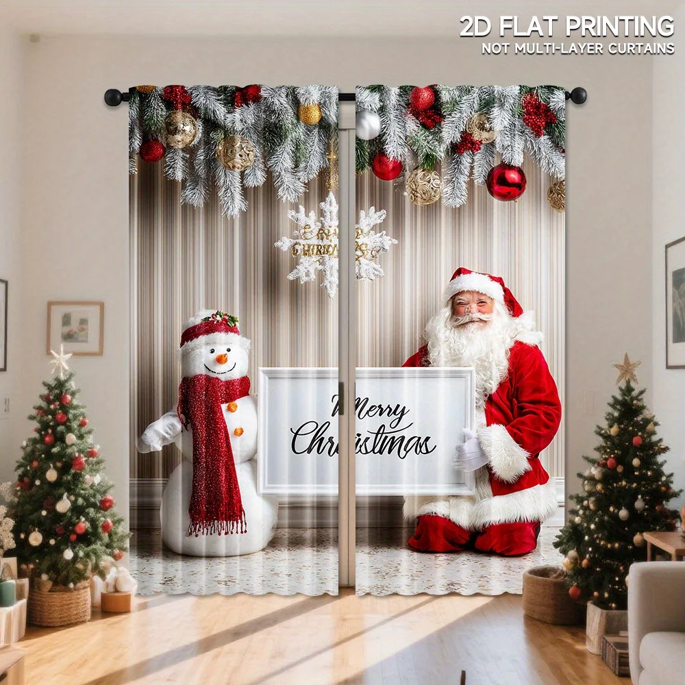 Merry Christmas Curtains, Santa Claus Snowman Window Drapes, Festive Holiday Decor, Blackout Fabric for Living Room Bedroom Kids