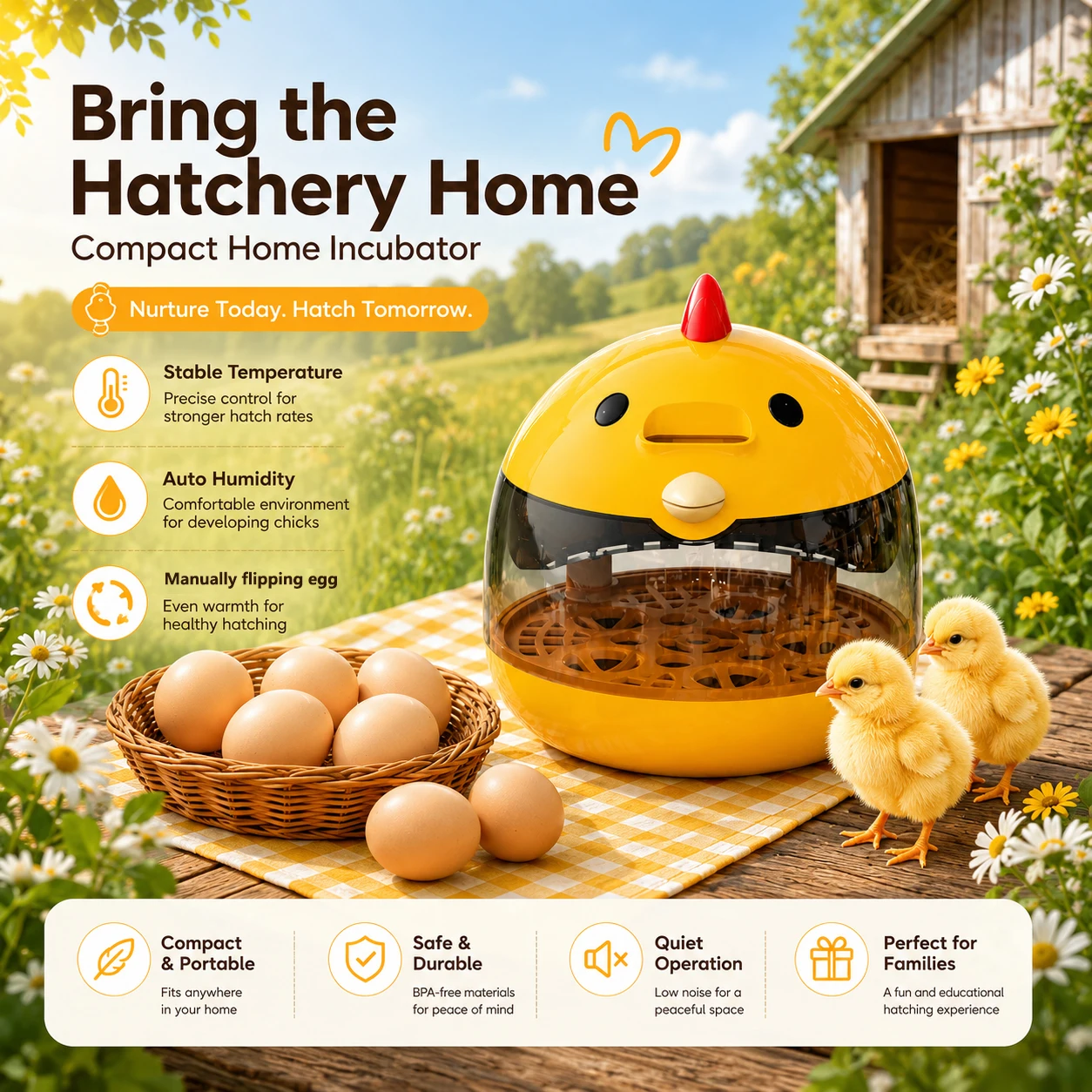 Mini Egg Incubator Set, Holds 5 Chicken Eggs or 10 Bird Eggs, 5V 2A Safe Voltage with Egg Candler, Cute Compact Hatcher for Home