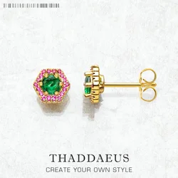 Studs Earrings Hexagon Green,Europe Yellow Gold Color Hand-set Jewelry For Women Playful Look Gift 925 Sterling Silver