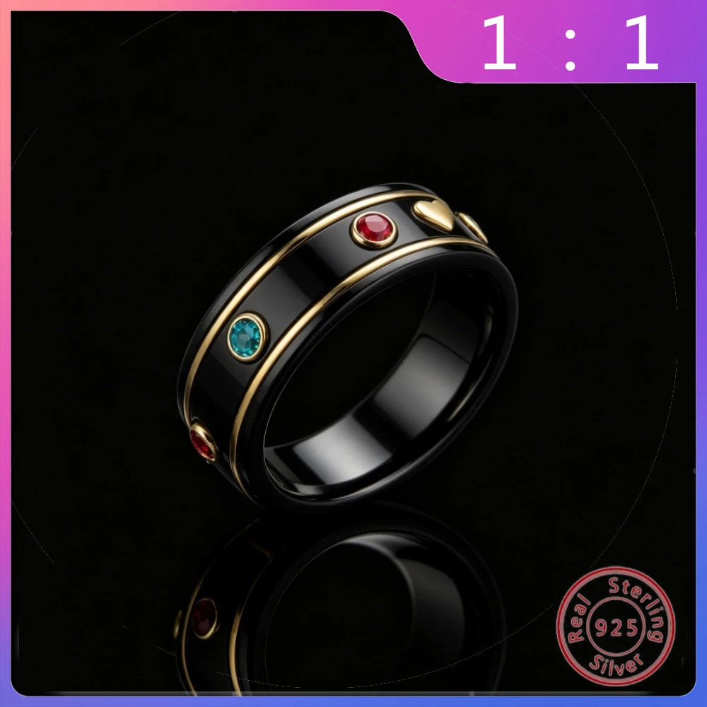 

Кольцо из серебра S925 пробы, высококачественное, модное, в стиле ретро, с керамическим элементом в форме сердца, универсальное, с бриллиантовой огранкой