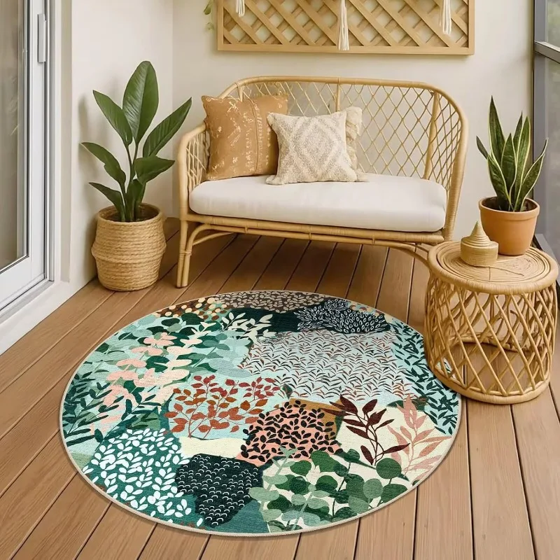 

Botanical Round Carpet Colorful Leaf Pattern Balcony Decor Rug Fresh Country Style Interior and Exterior Decoration Non Slip Mat