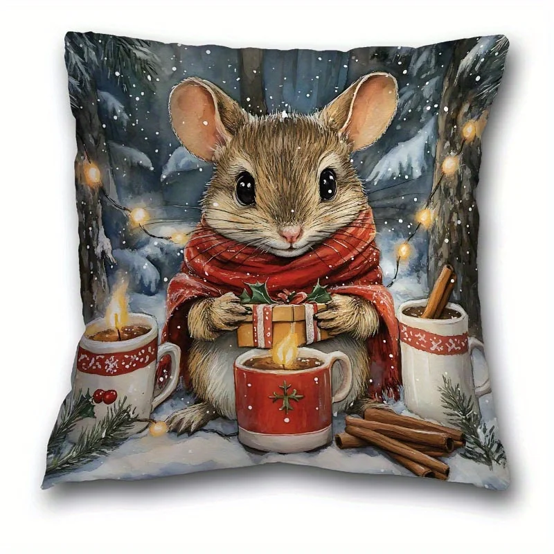Cute 1pc Christmas Winter Mouse Throw Pillow Cover Cute Mouse with Gifts Hot Cocoa Soft Plush Cushion Case for Sofa Bed