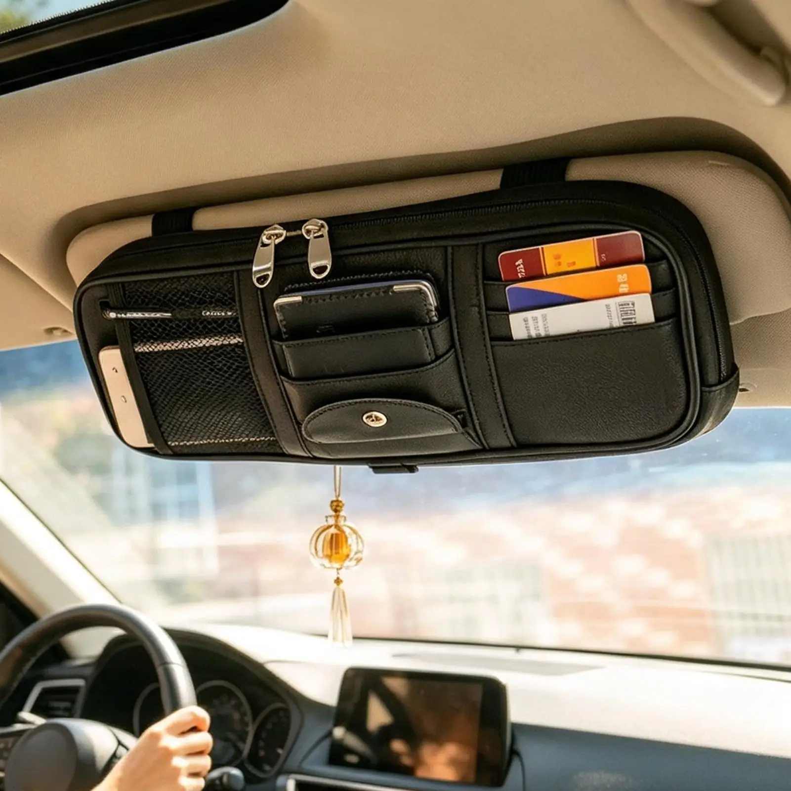 Visor Organizer For Trucks Multi-Pocket PU Leather Universal Zipper Pouch Car Storage Organizers For Vehicle Interior