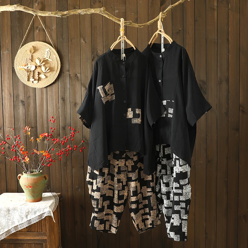 

Модный клетчатый комплект с принтом irt и брюки с воротником-стойкой и пуговицами, свободная талия и семидлинные шаровары из хлопка B...