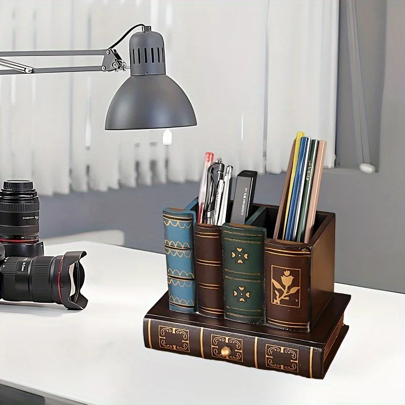Vintage Wood Book Shape Desktop Pen Holder Multifunctional Retro Desk Organizer Decorative Stationery Storage Box for Office