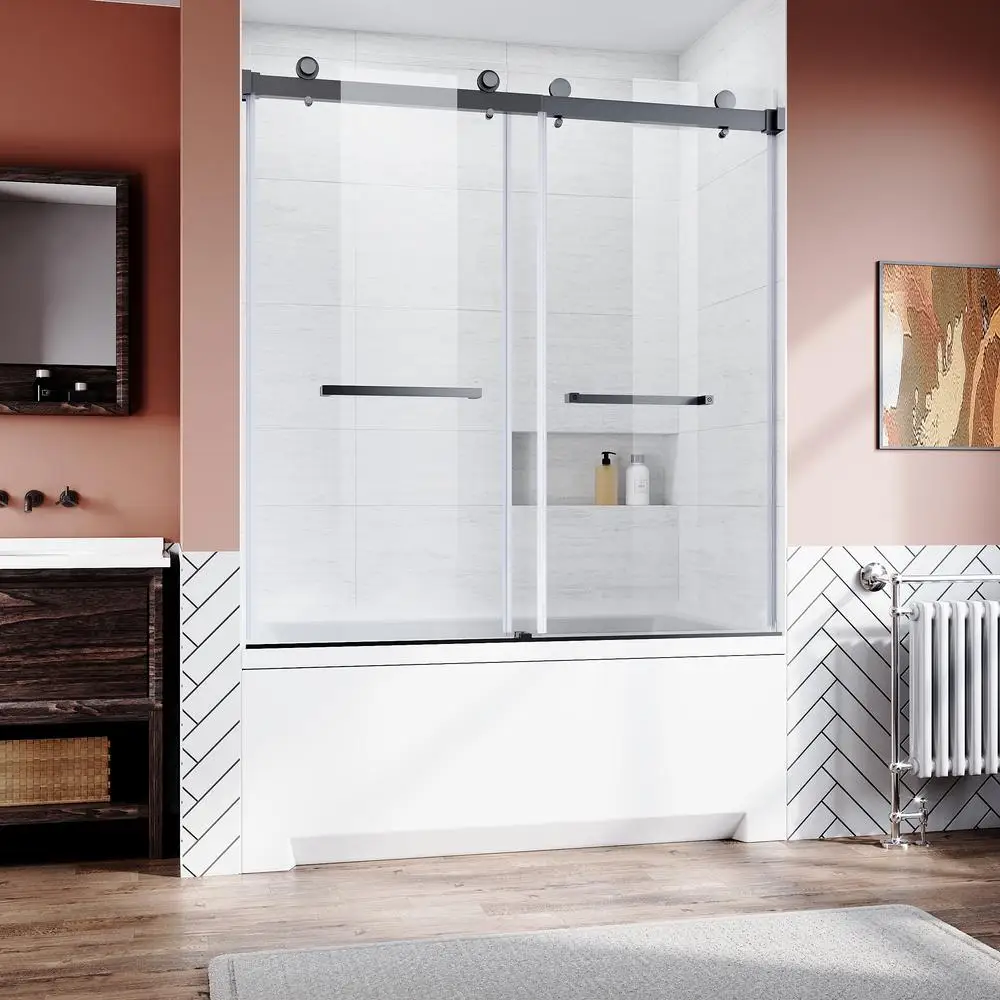 

Frameless Sliding Shower Door 56-60" W x 62" H Bypass Tempered Glass with Stainless Steel Hardware Matte Black