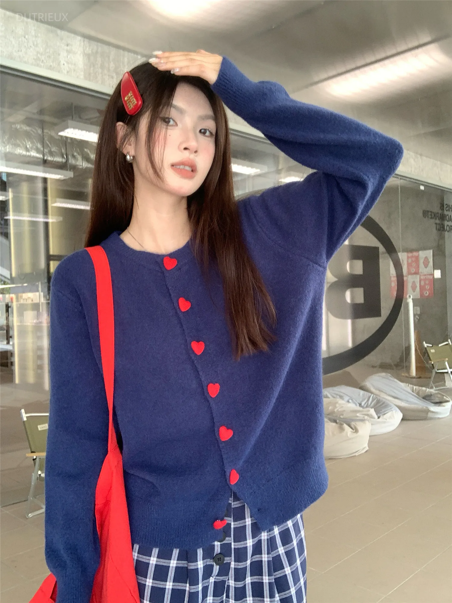 Cardigans Woman Colorful Hearts Buttons Vintage Autumn Winter Sweaters Korean Fashion Elegant O Neck Sueter Mujer
