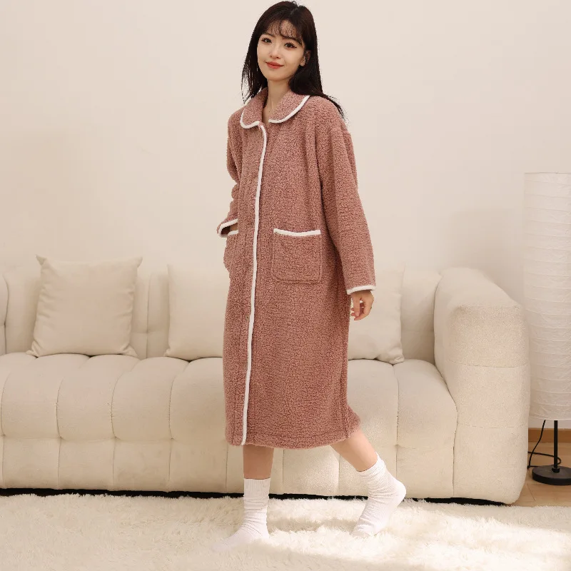 Sweet Womens Flannel Nightgowns Doll Collar Christmas Nightdress Long Sleeve Robe House Coat with Pockets Button Down Sleepshirt