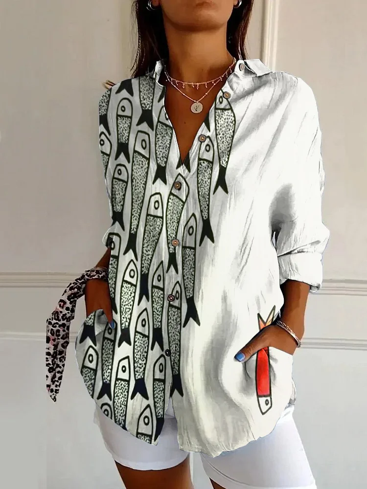 2024 new style women\'s long casual shirt women\'s European and American trendy fashion digital printing drop shoulder sleeve shir