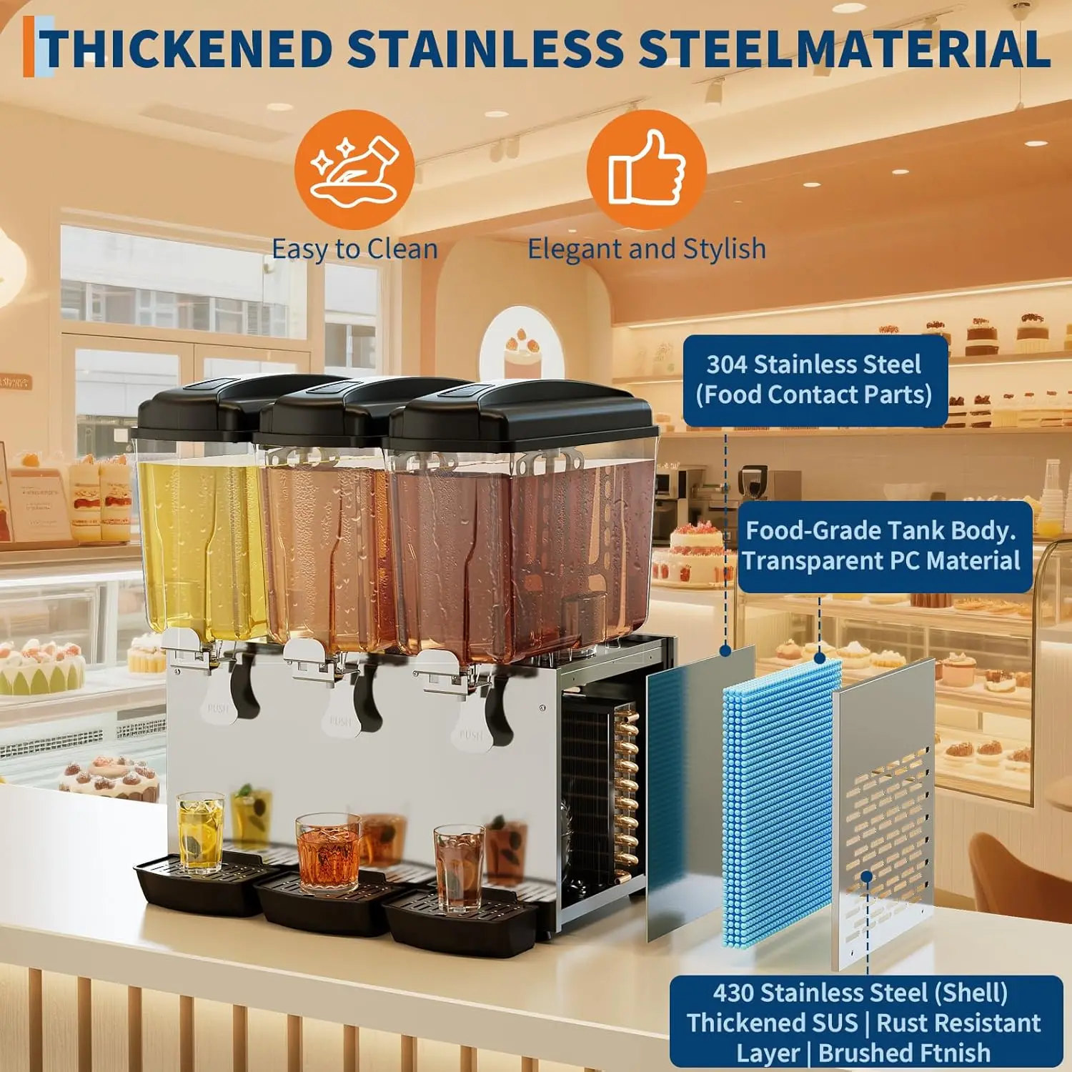 3 خزان 54L موزع المشروبات التجارية الفولاذ المقاوم للصدأ مانعة للتسرب ترموستات التحكم آلة المشروبات الباردة لمطعم بار