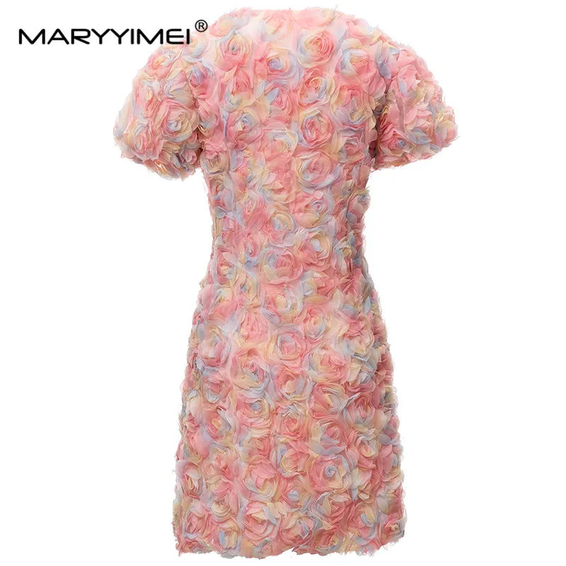 MARYYIMEI New Fashion Runway Designer Women's Clothing V-Neck Short-Sleeved Single-Breasted Colorful Gauze Tray Flower Dress