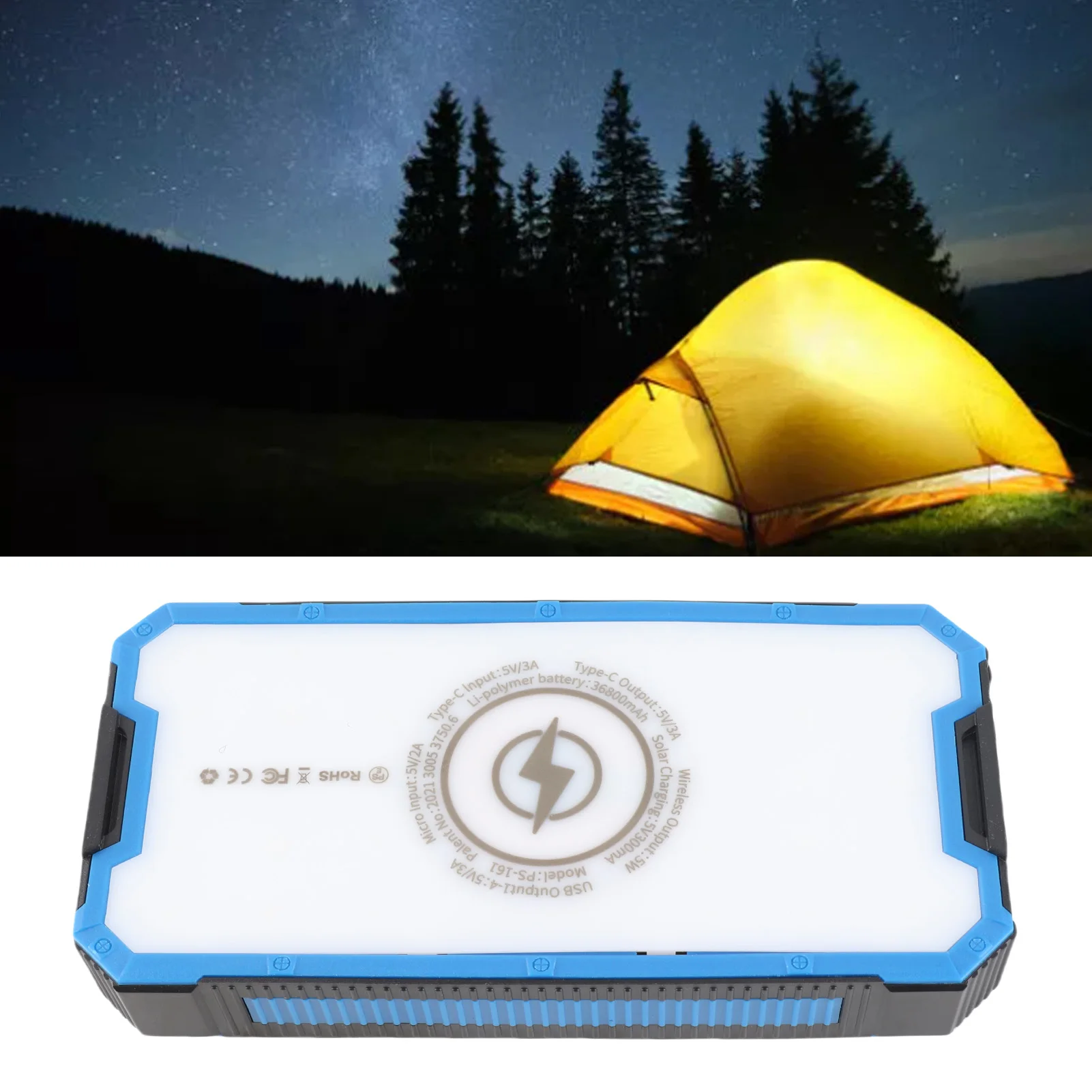 แบตเตอรี่สำรองพลังงานแสงอาทิตย์ 36800mAh 34LED 4 พอร์ต USB ช่องต่อ Type C สำหรับใช้งานกลางแจ้งและตั้งแคมป์