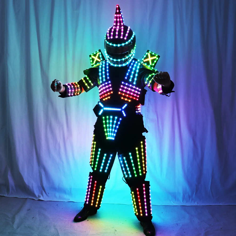 Full Color Pixel LED Lights Jacket Coat Stage Dance Costume Tron RGB Light Up Stage Suit Robot Outfit with Laser Glove Helmet