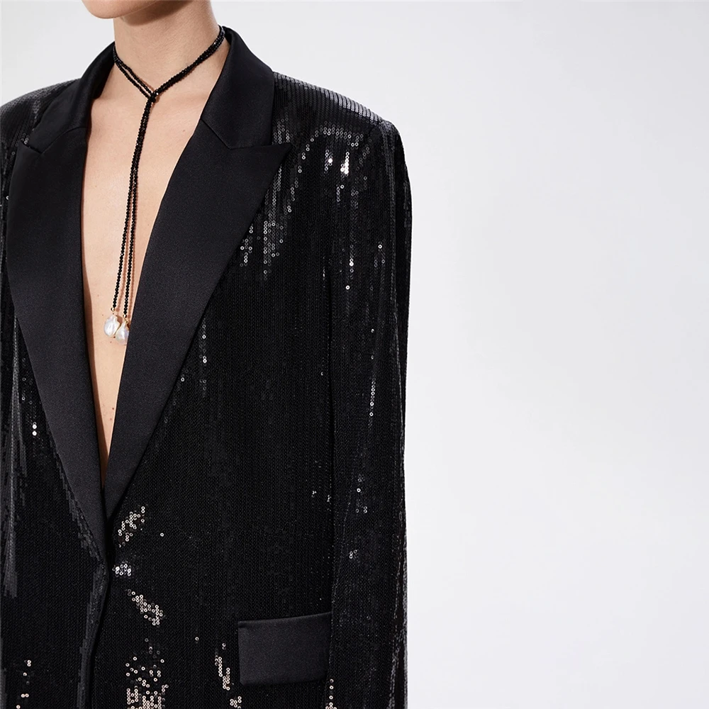 TWOTWINSTYLE Solid Spliced Button Blazers For Women Notched Collar Long Sleeve Patchwork Sequins Chic Blazer Female Fashion New