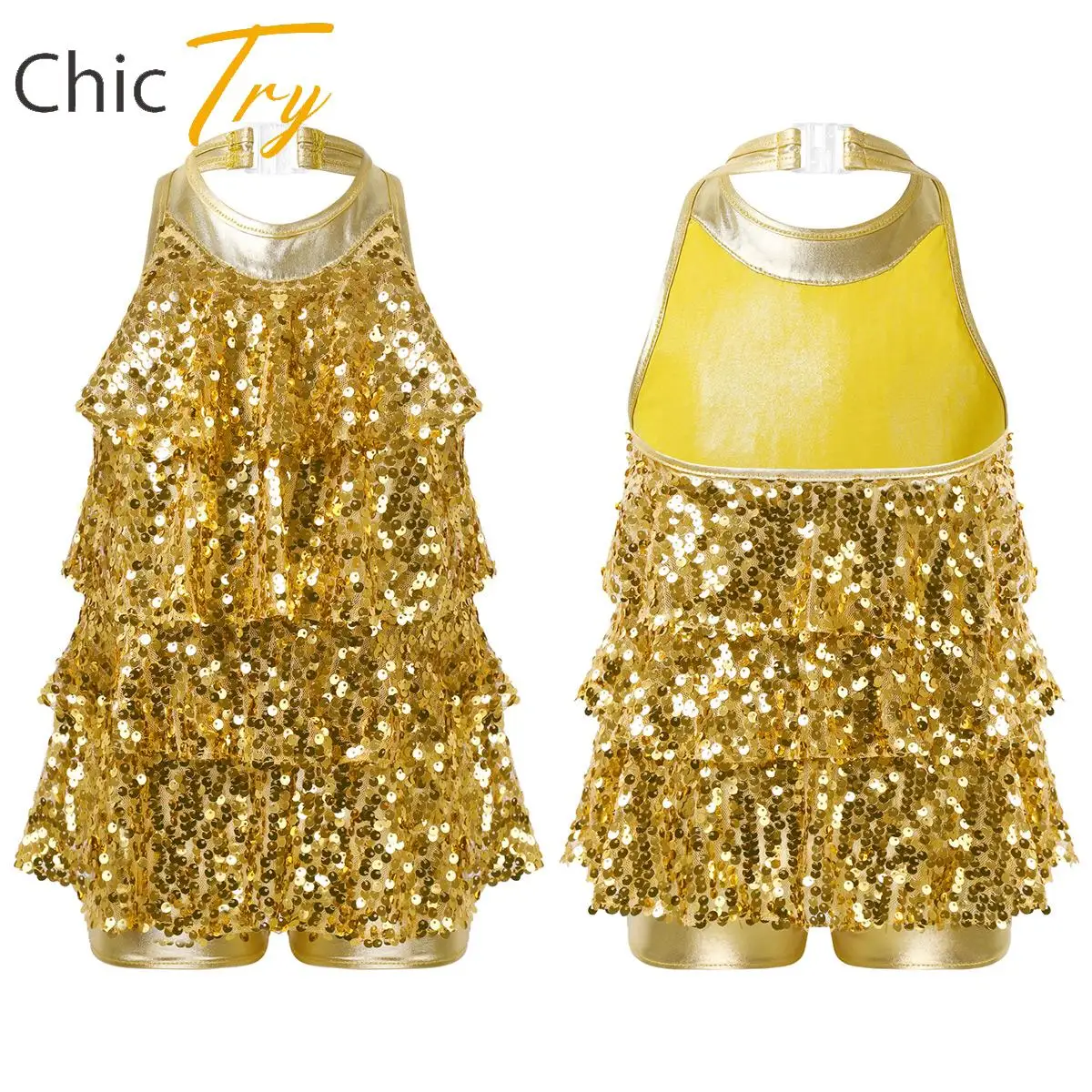 

Stylish Kids Girls Sequins Jazz Modern Latin Ballet Dance Dress Costumes Shiny Party Performance Shorty Unitard Dress Dancewear