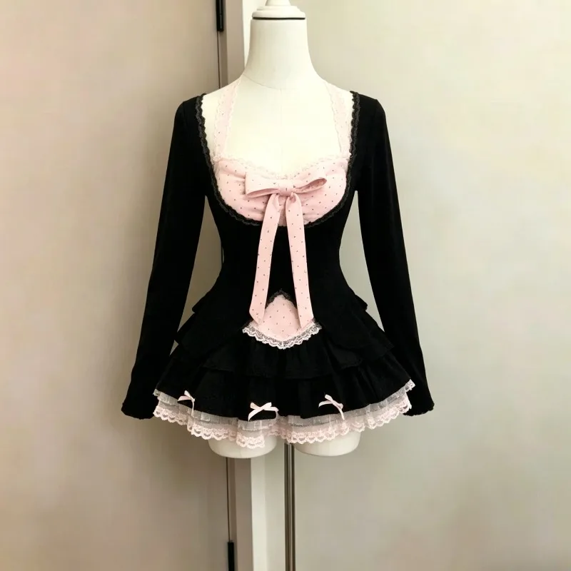 

Korean Spicy Girl Lace Halter Neck Women 3 Piece Sets Bow Design Ruffle Mini Skirt Suits Sweet Chic Daily Party Y2k Streetwears