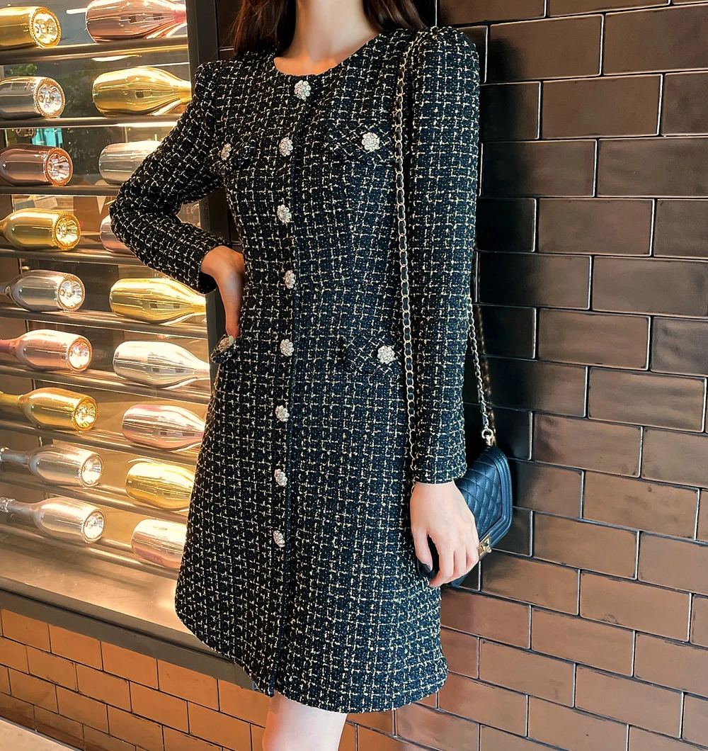 Women\'s High Quality Spring Autumn Slim Fit Long Sleeved Thick Tweed Fragrant Chic Dress