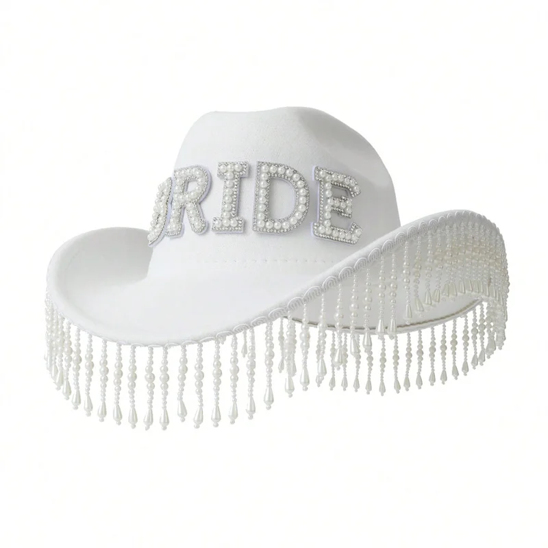 Imitation pearl fringe cowboy hat Sparkle bride wedding hat White role play jazz top hat stage show Mardi Gras lady