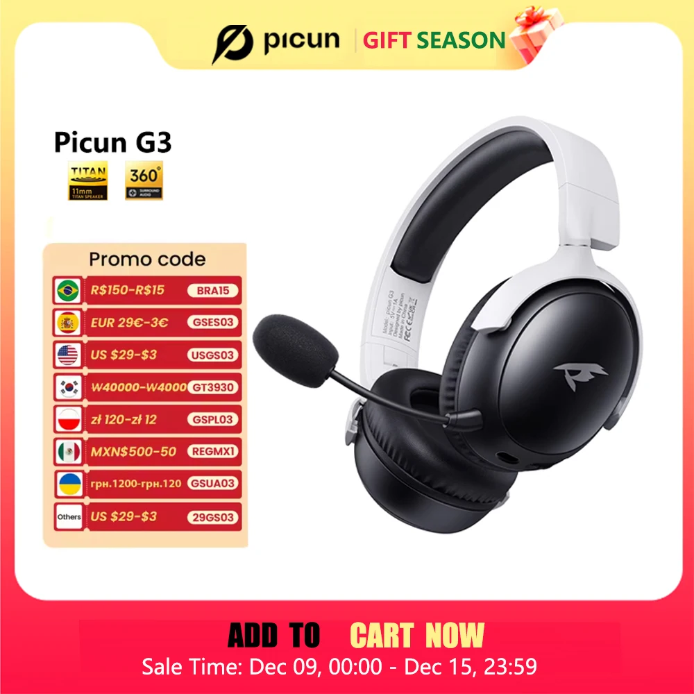 Picun G3 2.4GHz Wireless Gaming Headset Low Latency 53mm 3D Spatial Audio ENC Mic HD Call Bluetooth Headphones for Gamer PC PS5