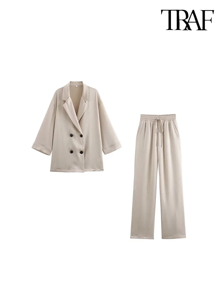 TRAF Women Temperament Commuter Style Casual Suit Double Breasted Lapel Long Sleeve Jacket High Waist Pleated Wide Leg Pants Suit Two Piece Urban