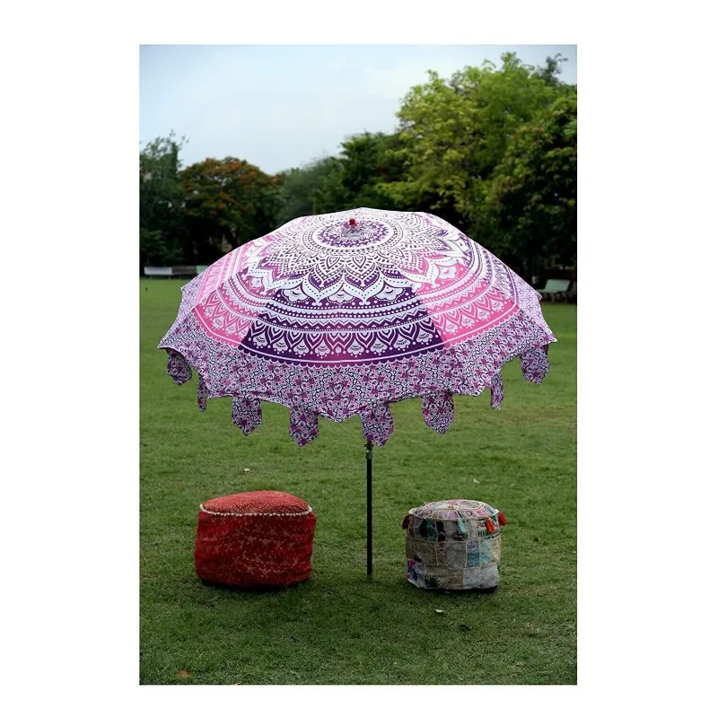 Indian Outdoor Garden Umbrella Cotton Sun Parasol Ombre Mandala Umbrellas Patio （Base Stand Not Include）