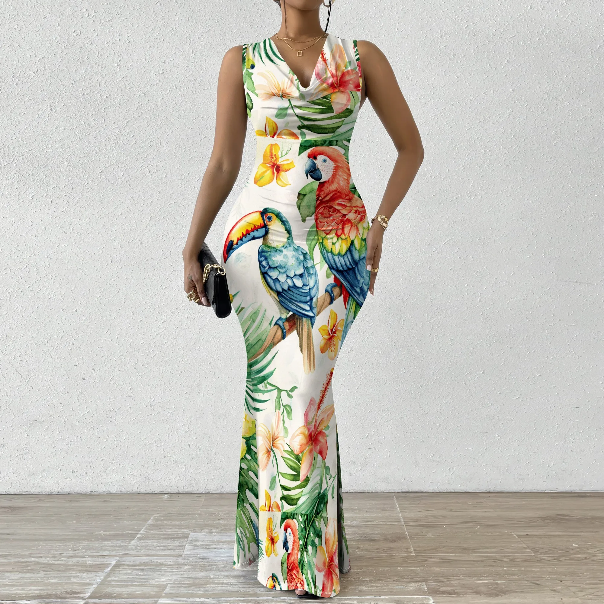 

Tropical Maxi Dress Women's XS-2XL Parrot Print Sleeveless V-Neck Beach Vacation Dress