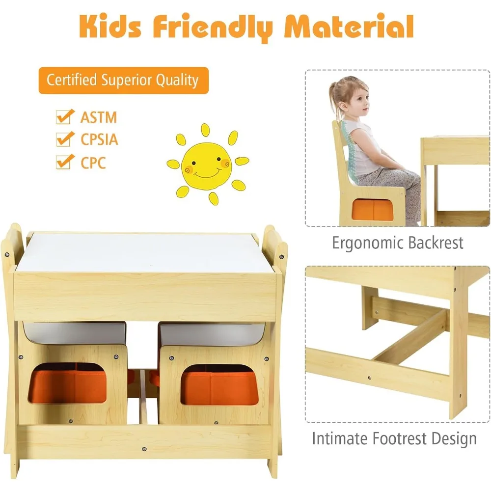 Kids Table and Chair Set, 3 in 1 Wooden Activity Table with Storage Drawer, Detachable Tabletop