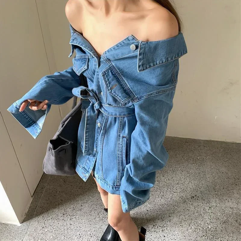 

Vintage Off Shoulder Denim Jacket Women Waist Lace Up Cardigan Tops Woman High Street Single Breasted Blue Jean Coats V828