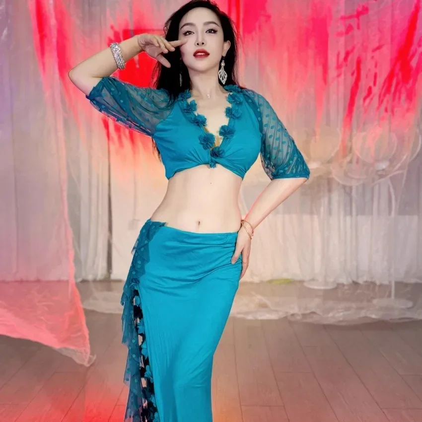 

Костюм для занятий танцами живота, длинная юбка для выступлений, костюм для восточных танцев с кружевной отделкой в мелкий цветочек и разрезом в стиле флёр-арт