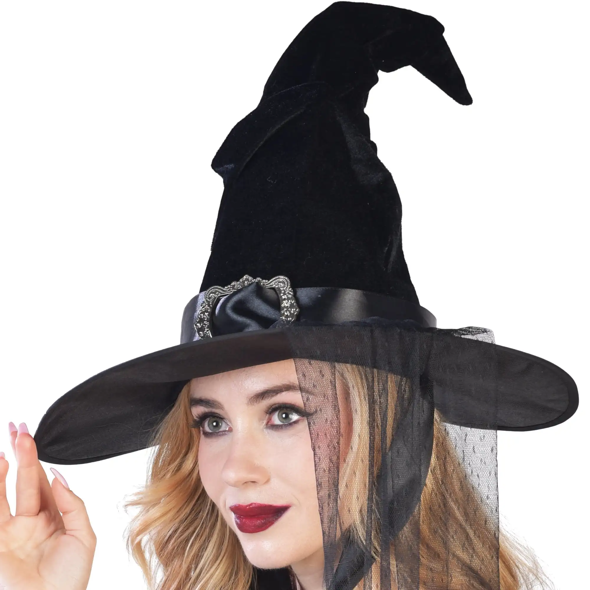 หมวกแม่มดแบบกอธิคสีดำประดับลวดลาย ขนาด 16 นิ้ว - อุปกรณ์เสริมชุดฮาโลวีนสำหรับผู้ใหญ่ พร้อมปีกหมวกขนาด 16 นิ้วสำหรับคอสเพลย์
