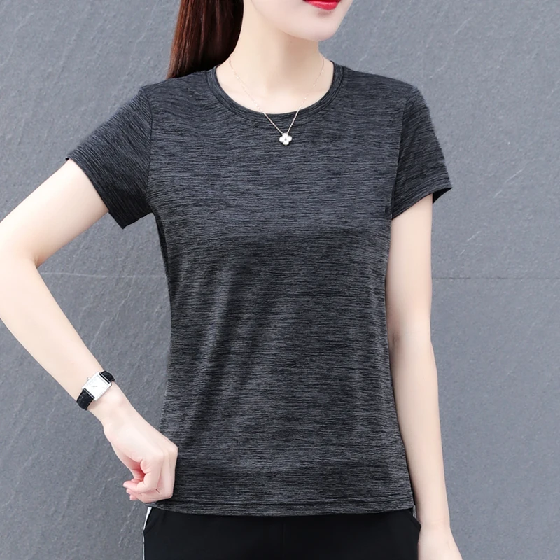 Lady Fashion Ice Silk Quick Drying Trendy Short Sleeved T-Shirt Women'S Summer New Loose Casual Round Neck Versatile Sports Top