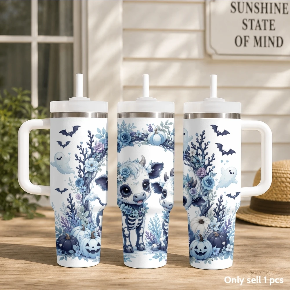 Halloween Skeleton Calf Vacuum Flasks 40oz Stainless Steel Insulated Tumbler with Handle & Straw Leakproof Travel Mug