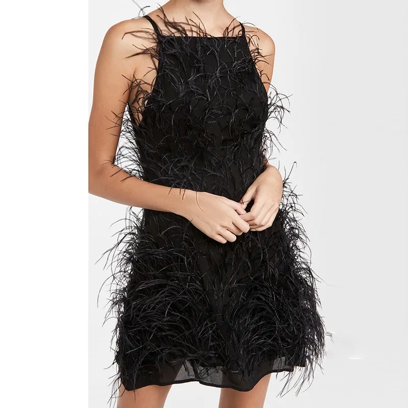 Jancember Dubai Feathers Short Evening Dresses Spaghetti Straps Mini Dress for Wedding Birthday Party Gowns RM089