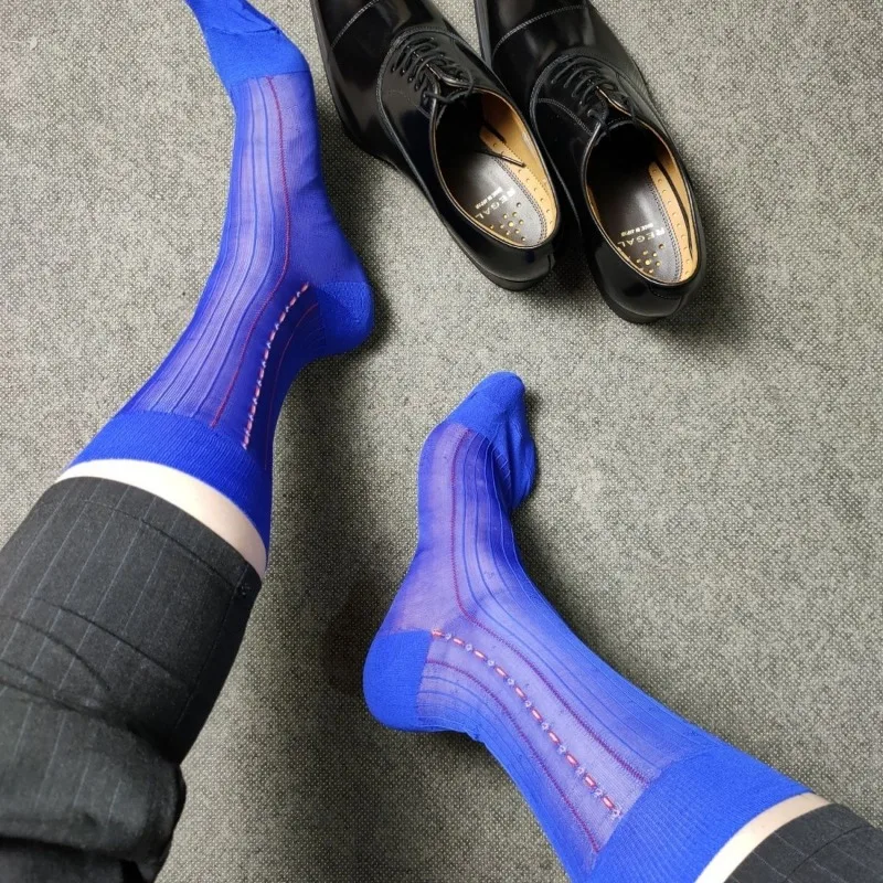 Vintage Jacquard Nylon Socks for Men Stripe Classic Royal Blue Business Formal Dress TNT Socks Man Sexy Thin Soft Mid Tube Socks